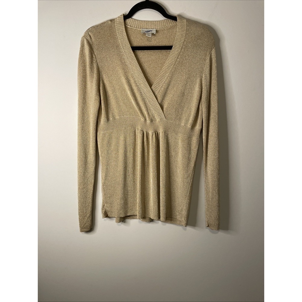 Ann Taylor LOFT Large Gold Metallic Wrap Peplum Top Long Sleeve Party